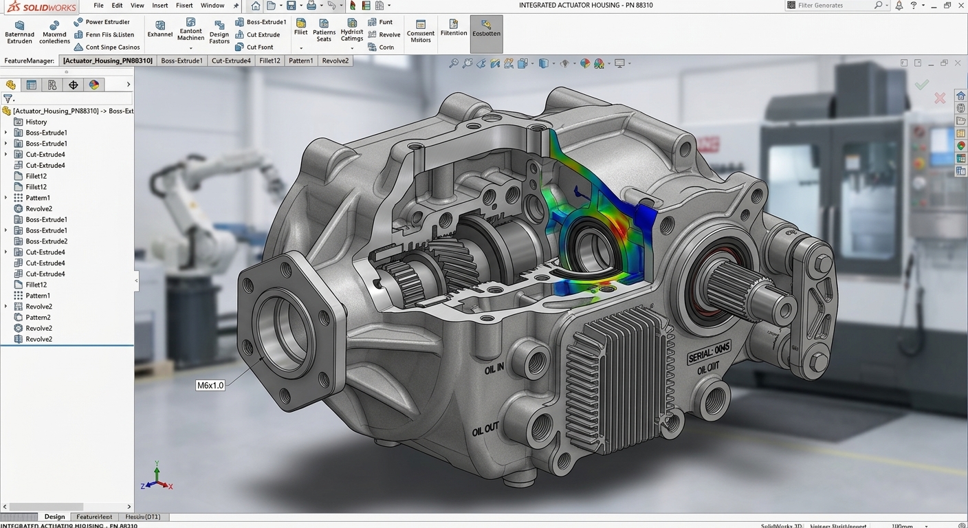 SolidWorks cutaway actuator housing with stress analysis