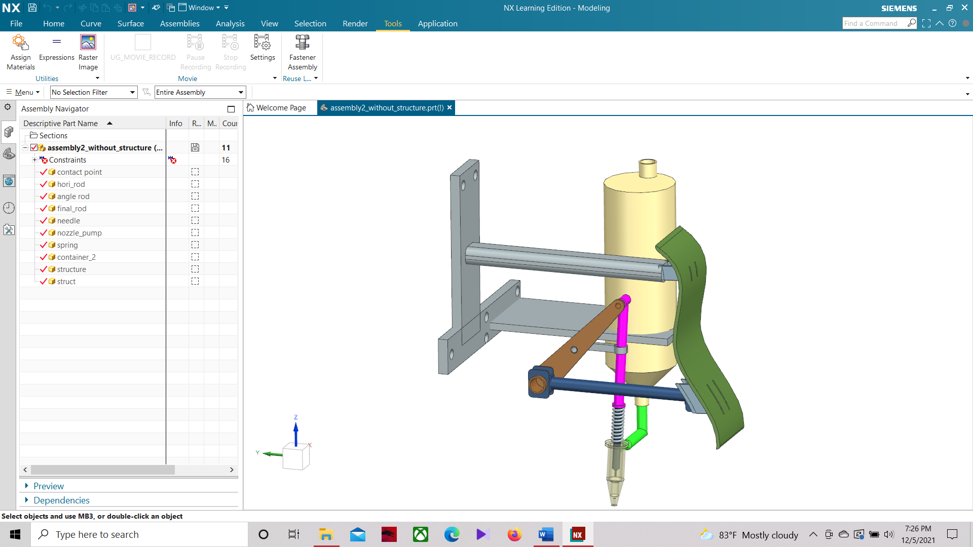 Siemens NX mechanical linkage and vessel assembly